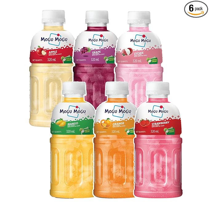 mogu mogu multi flavour juice drink with nata de coco jelly 320ml (pack of 6) | refreshing tropical thai made sip & chew beverage.