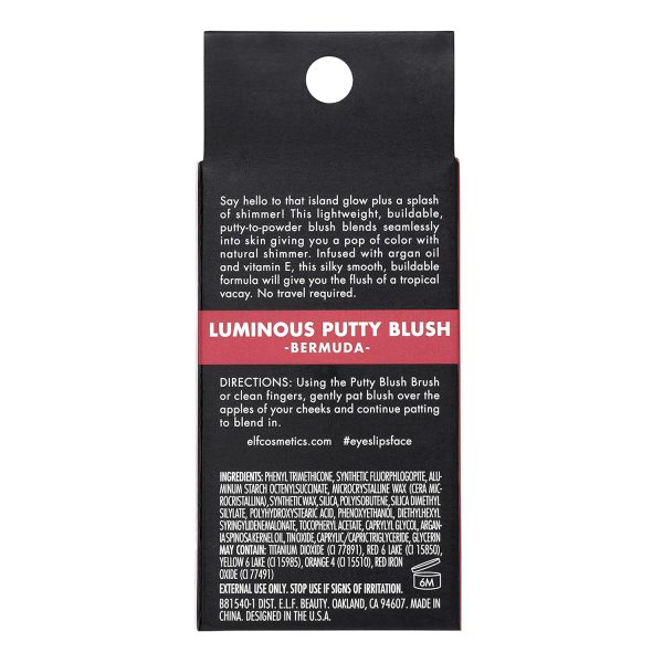 e.l.f. luminous putty blush, putty to powder, buildable blush with a subtle shimmer finish, highly pigmented & creamy, vegan & cruelty free, bermuda